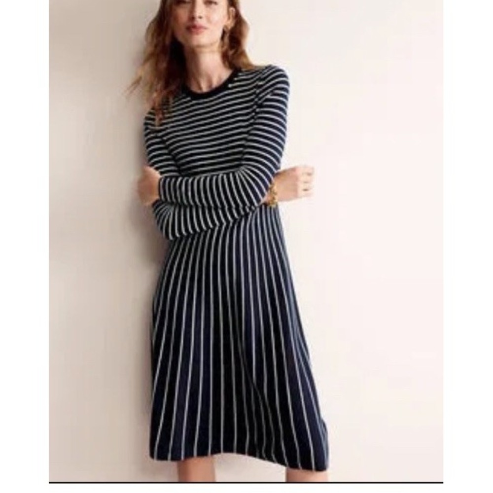 Boden 'Maria' Knit Midi Sweater Dress 6R Navy/White Stripe Flare Skirt Office
